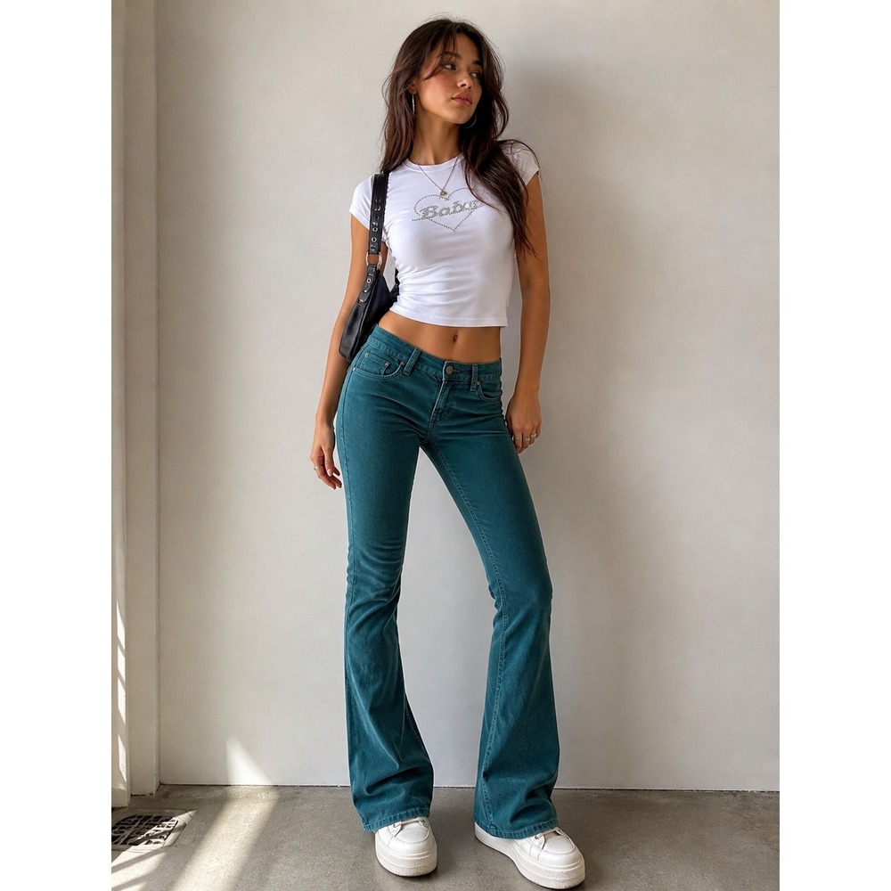 Kut from the Kloth Ana High Rise Y2K Teal Flare Pants Retro Indie Corduroy 4